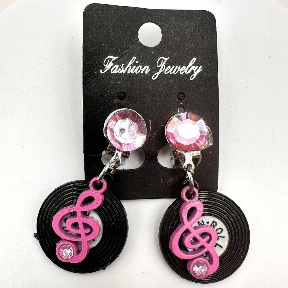 VTG Silver Tone Pink Rhinestone Clip On Earrings Record Vinyl Treble Clef Rock